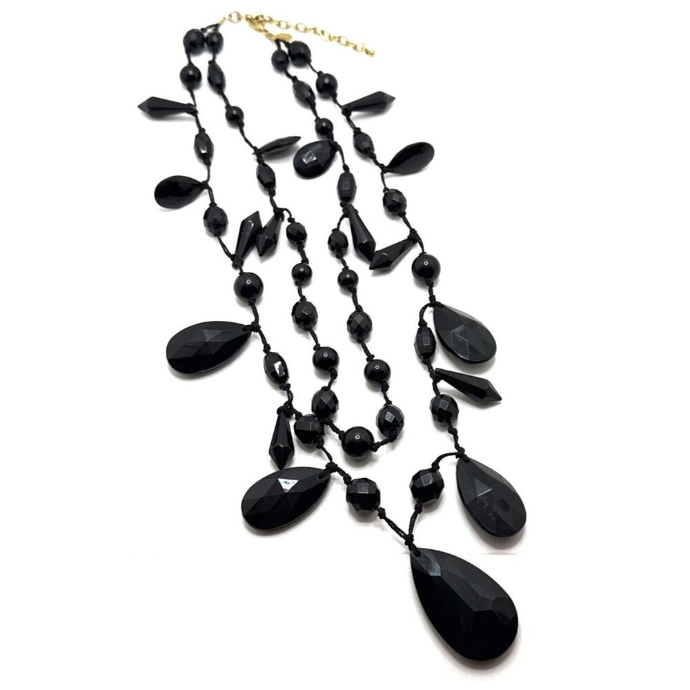 JOAN RIVERS Black Bead Multi Strand Necklace Faceted Teardrop Dangle Statement
